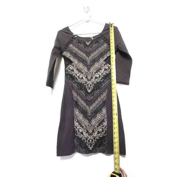 Free People Out Of Africa 3/4 Sleeve Gray Mini Dress Size S Keyhole Back Mesh - Picture 9 of 10
